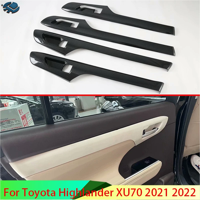 For Toyota Highlander XU70 2021 2022 Carbon Fiber Style Inner Door Handle Cover Catch Bowl Trim Insert Bezel Frame Garnish