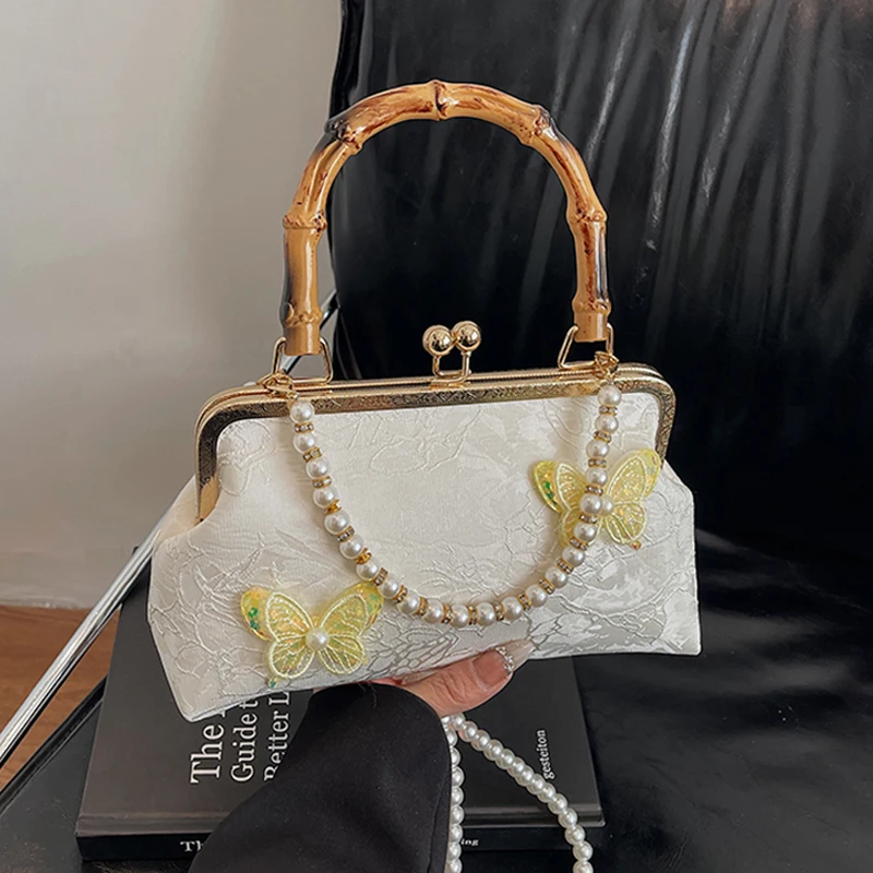 Fashion 3D Butterfly Embroidered One Shoulder Bag Women Personalized Bamboo Handbag Elegant Pearl Chain Crossbody Bags for Party