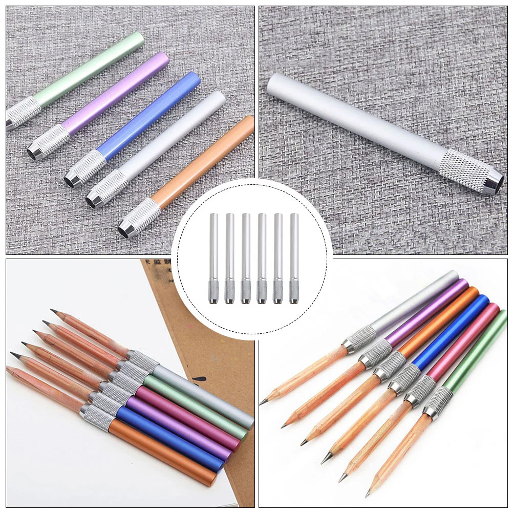 6Pcs Pencil Extension Holder Stainless Steel Reusable Stub Extender Non-Slip Design for Writing Drawing Office School Art