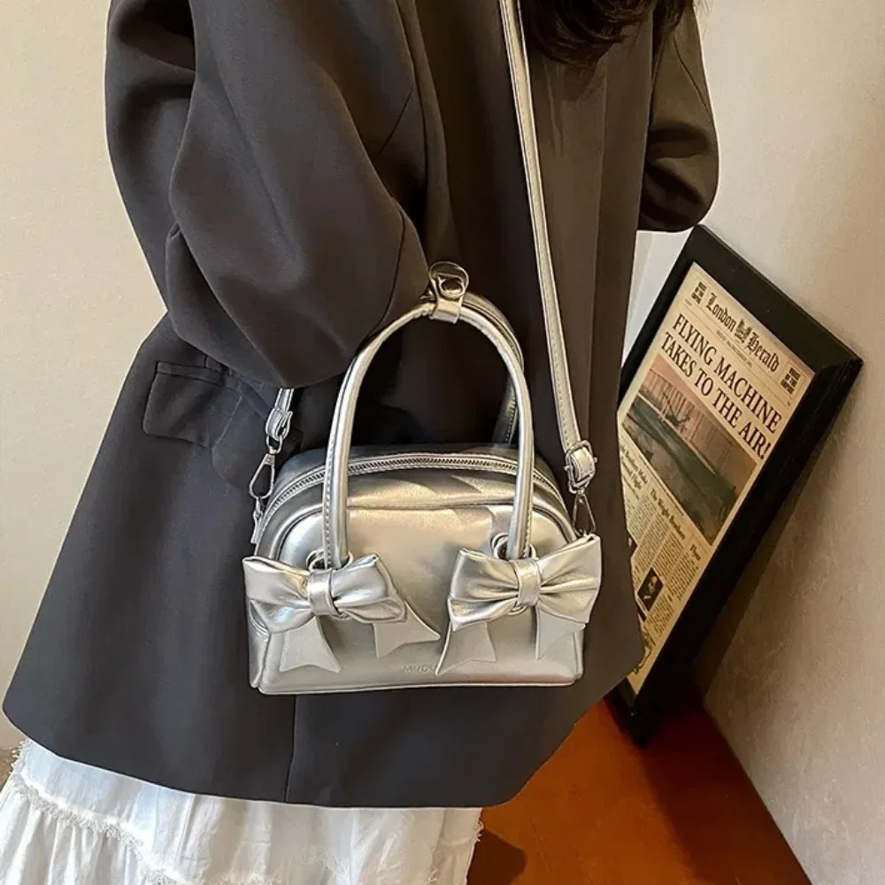 

Fashion Bow Decoration Crossbody Bag Zipper Solid Color Women's Handbags PU Leather Shoulder Bag Laidies