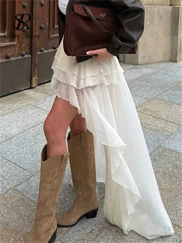 Casual Apricot Loose Skirts For Women Fashion High Waisted Ruffle Skirts Elegant Thin Flowy Floor-Length Female Skirt