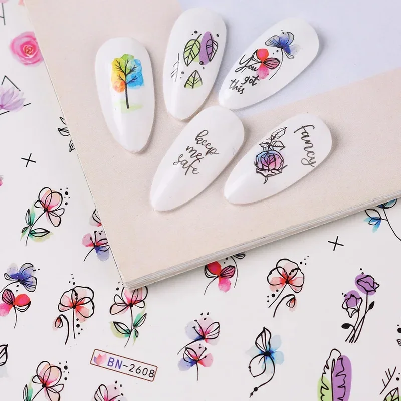 12Pcs Ink Blooming Flower Water Transfer Nail Stickers, Summer Floral Leaf Graffiti Nail Art Sliders, Nail Decor Decals 5