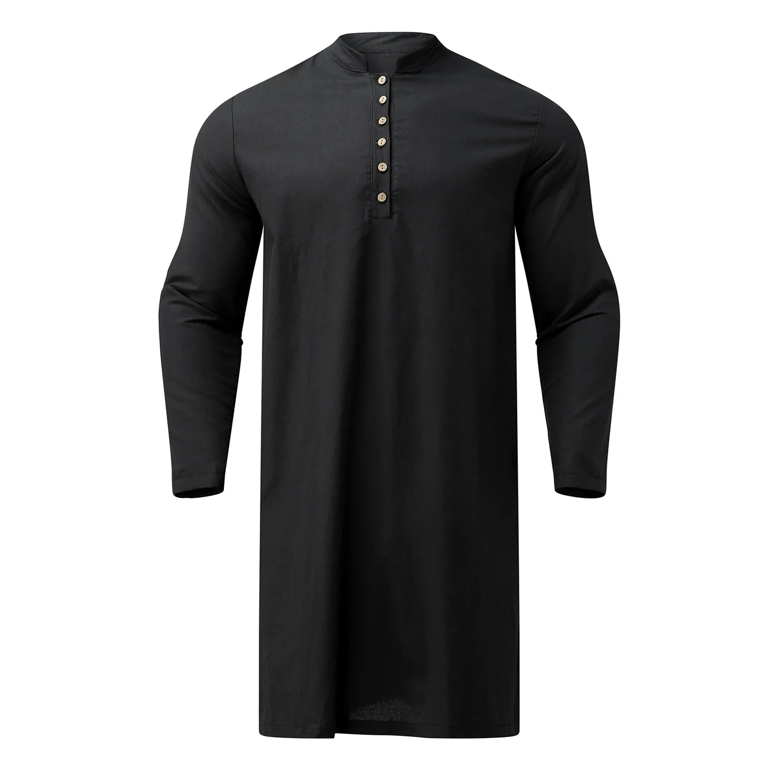 Jubah Muslim Kasual Pria jubah warna Solid kerah berdiri lengan panjang kancing Jubba Thobe Islam Arab Pakistan India jubah pria longgar