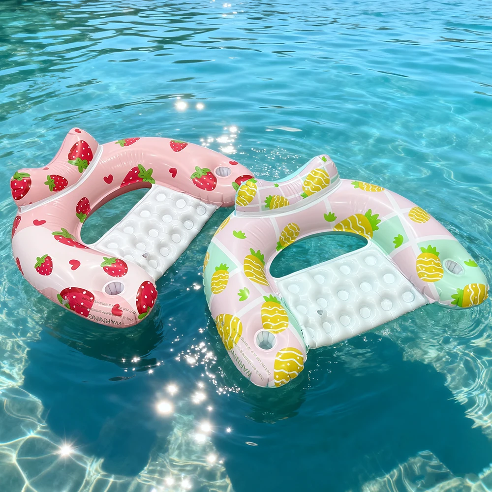

PVC Inflatable Cute Strawberry Pineapple Printed Floating Water Lounge Chair with Cup Holders, Summer Beach Pool Party Float Bed