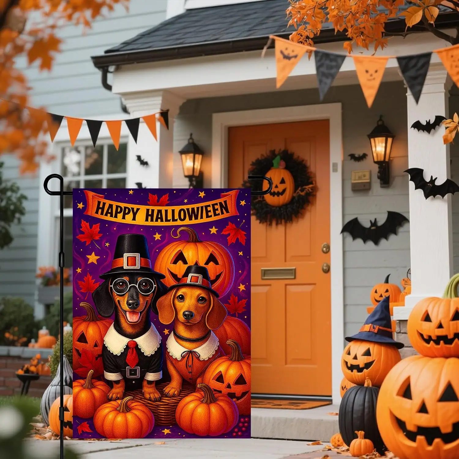 Halloween Dachshund Garden Flag 12x18 Inch Double Sided | Dachshund Dog Pumpkin for front door porch lawn patio fall Hallowe uui