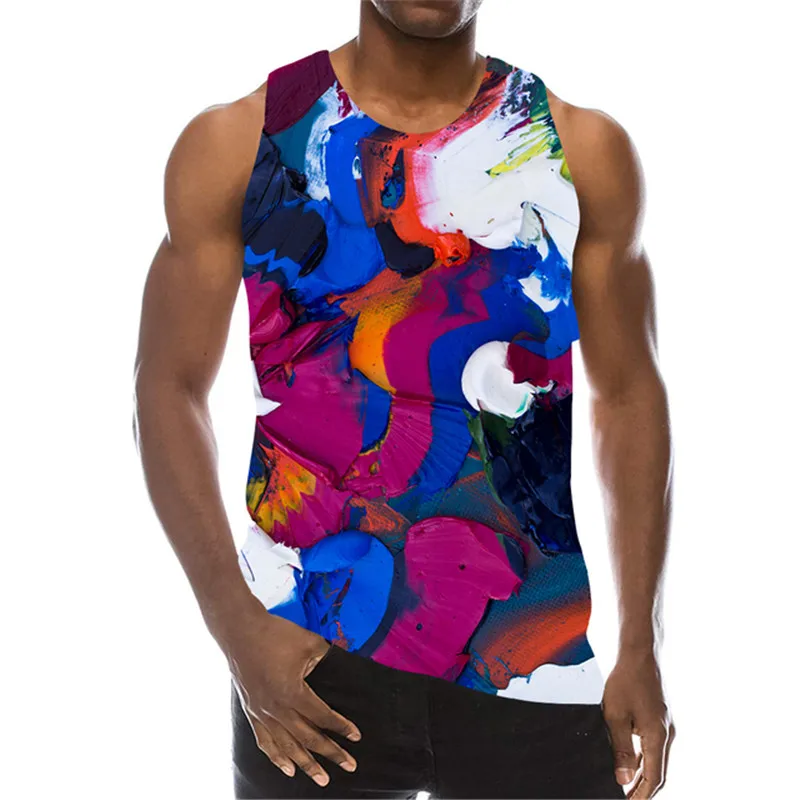 Tie-dye Doodled Men\'s Tank Tops Summer Sleeveless 3D Gradient Print Vest Loose Casual Running Sports Male Top Big Size 6XL