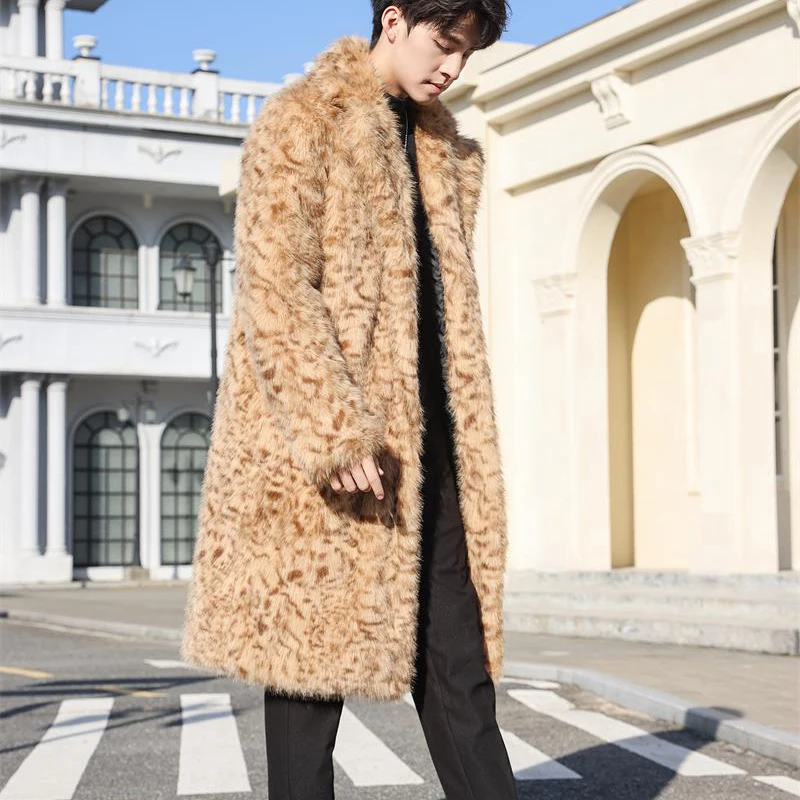 PFHQ Men's Imitation Mink Fur Long Knee Length Coat Thickened Warm Leopard Pattern Windbreaker  ﻿2024 Male Tops 21Z5560