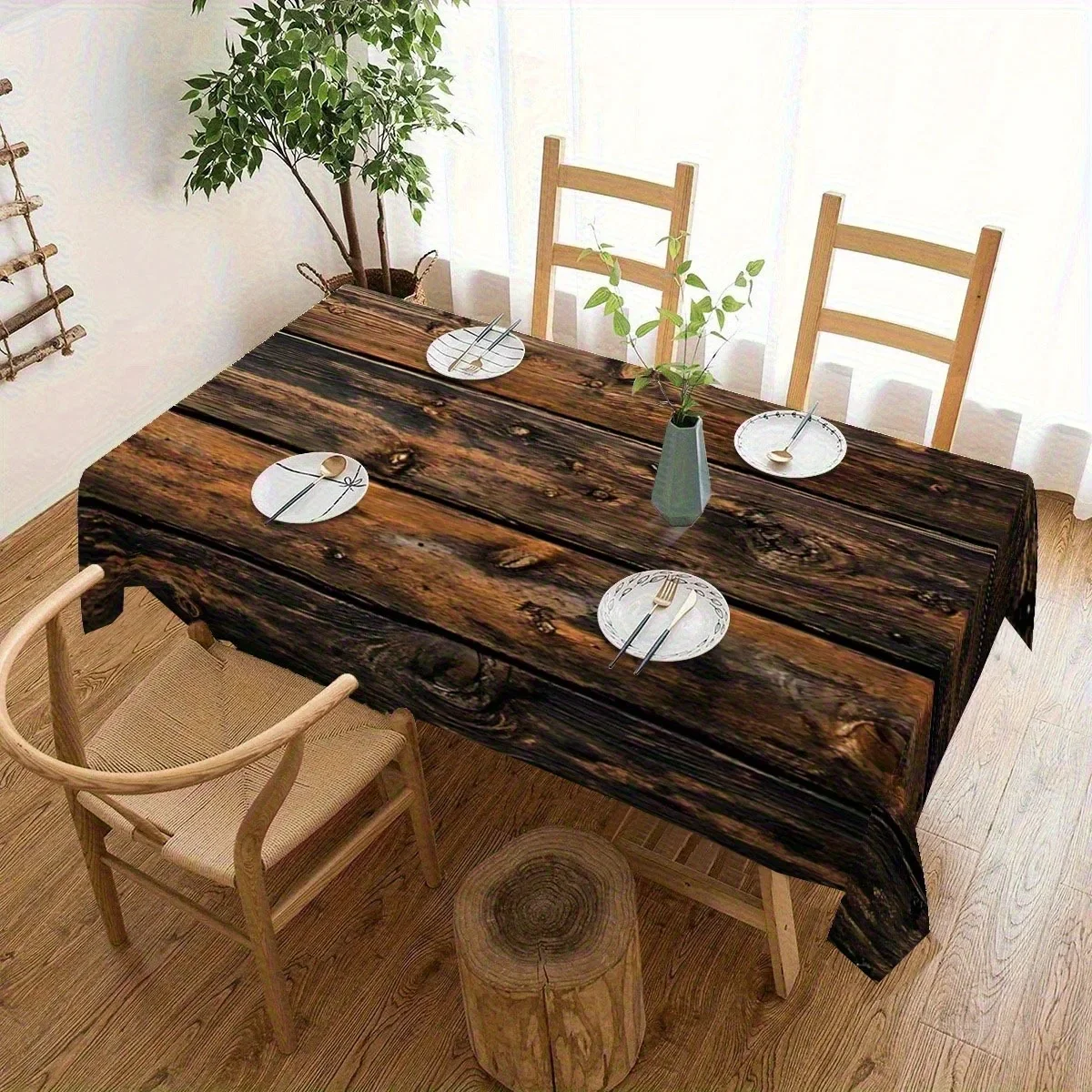 Country-style wood-grain polyester tablecloth, with dark brown and black wood-grain designxzj