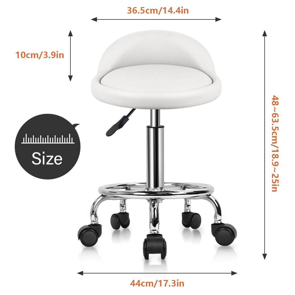 KKTONER PU Leather Round Rolling Stool with Foot Rest Height Adjustable Swivel Drafting Work SPA Task Chair with Wheels