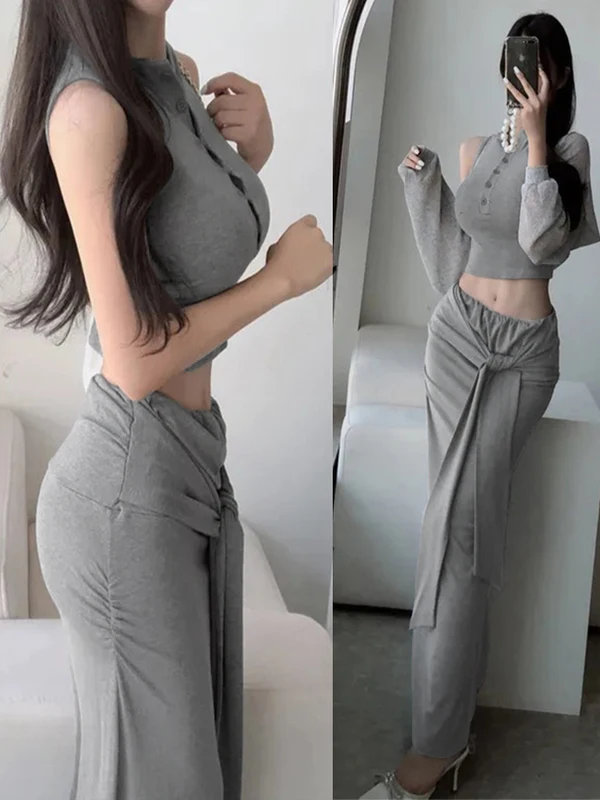 

Fashionable Sexy Bodycon Top And Skirt Two Piece Set Sleeveless Half Unbuttoned Collar Women's Clothing Autumn Wear