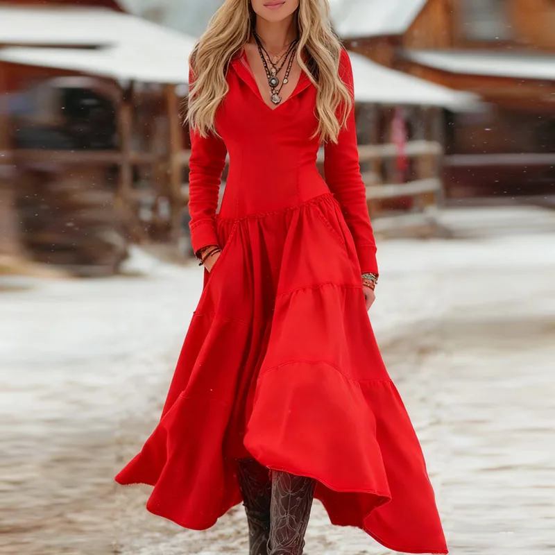 Retro Casual Solid Loose Irregular Maxi Dress Woman Sexy V Neck Splicing Pleated Long Dress Autumn Long Sleeve Pocket Boho Dress