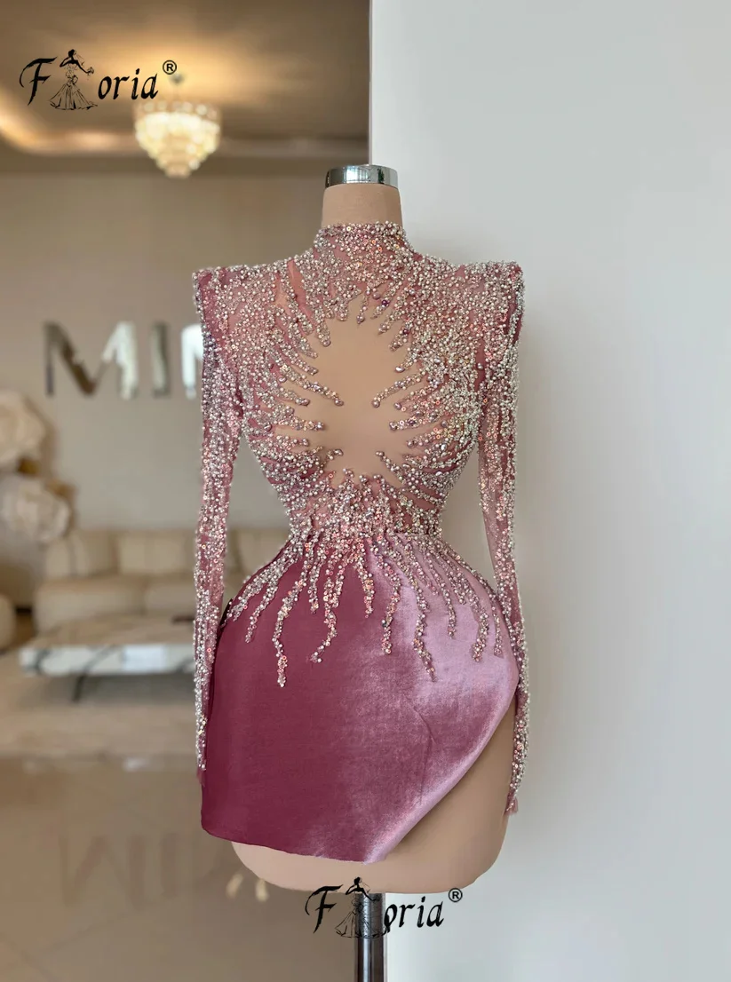 Fashion Beaded Velvet Short Cocktail Dress High Neck Long Sleeves Pearls See Through Prom Dresses 2024 Luxury Mini Birthday Gown