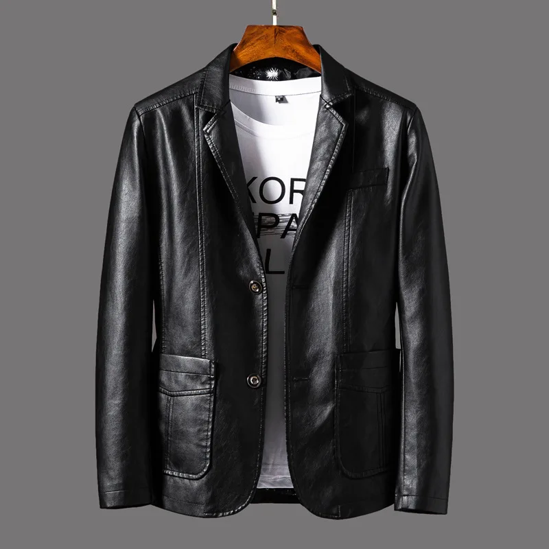 Single Breasted Men Faux Leather Long Sleeve Solid Jacket Leathers Cardigan Outerwear Turn Down Collar Spliced Pockets 2025
