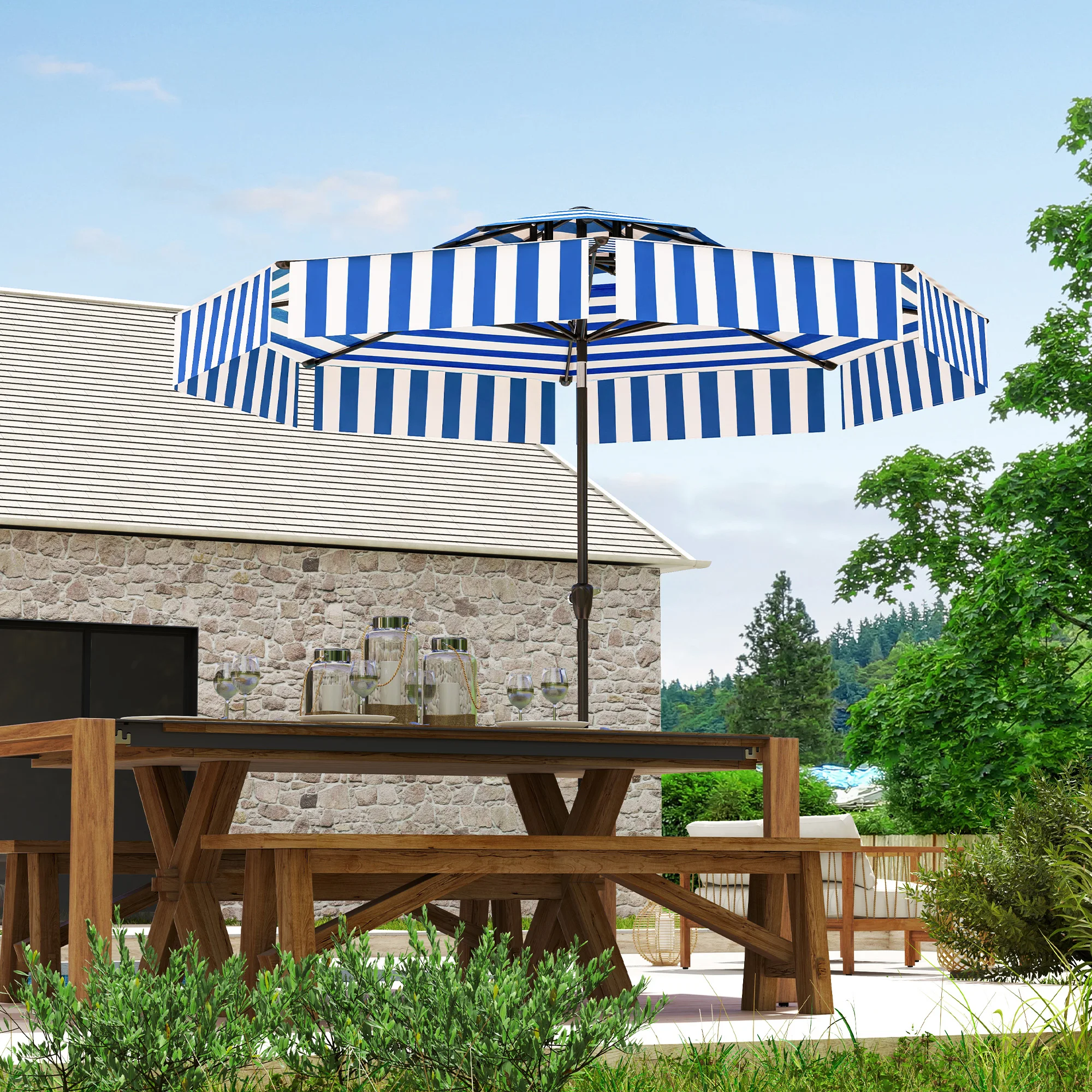 8.6FT Patio Umbrella, UPF 30+ Outdoor Market Shade, 2-Tier Vented Canopy with Crank & Tilt, 8 Ribs, Garden Deck Pool, Navy Blue