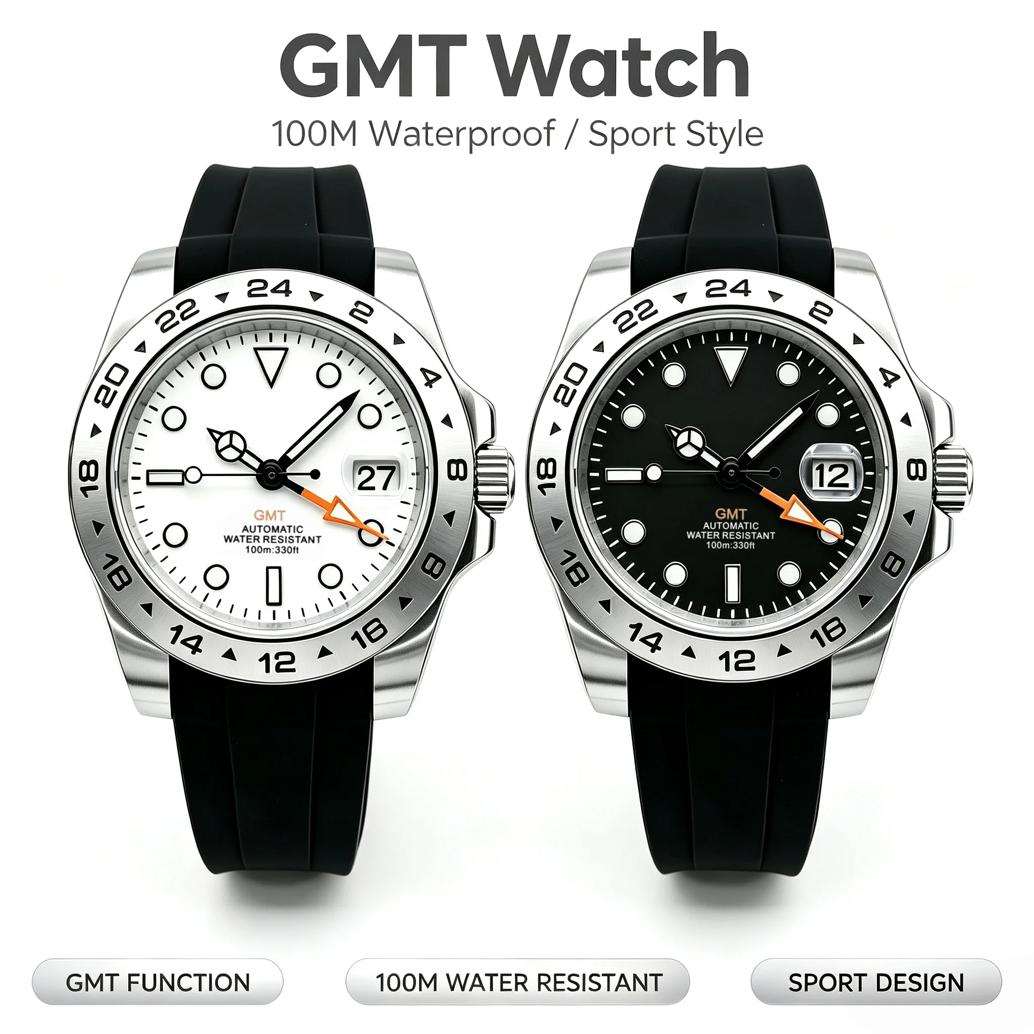 LARIMOKER 40mm/43mm GMT Mechanical Men's Wristwatch Waterproof 24 Hour Fixed Bezel Sapphire Glass Luminous Steel/Rubber Bracelet