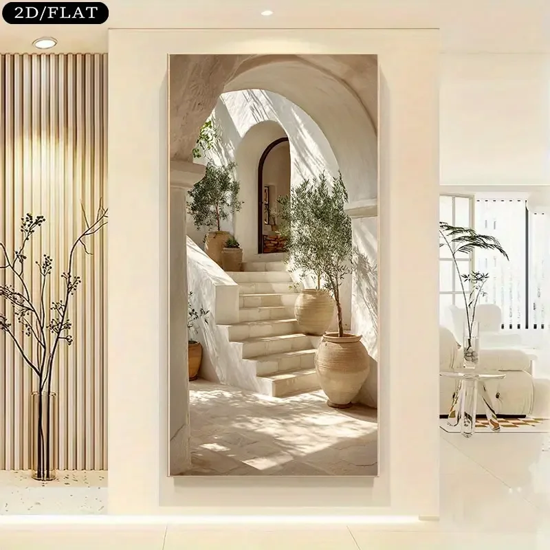 Frameless,2D Flat Large  Mediterranean Canvas Wall Art Print -  Modern Beige and White Greek Island Landscape Pa