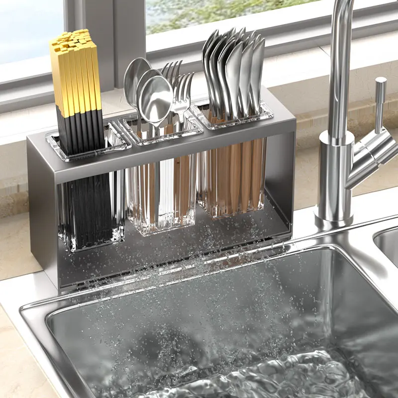 

1 Multi-functional Automatic Drainage Rack, Chopstick Tube, Kitchen Utensil Storage Rack, Knife Fork, Spoon Storage Rack