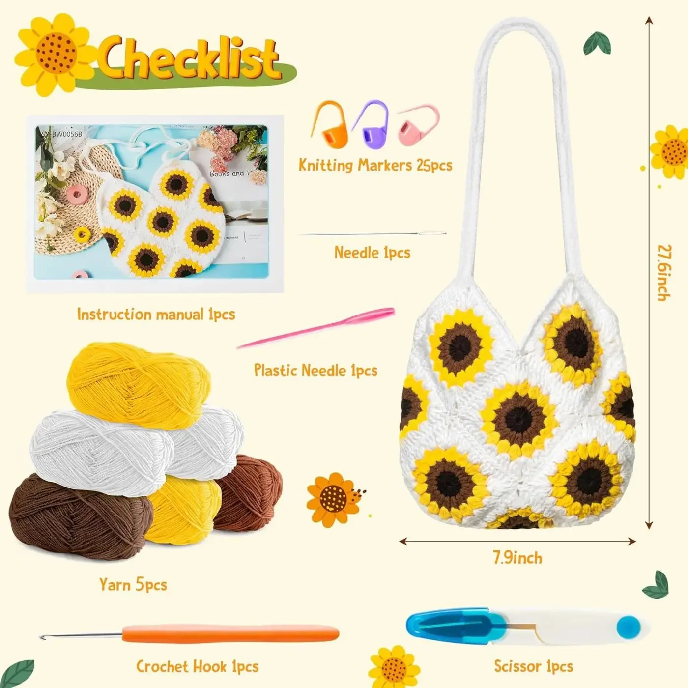 DIY Sunflower Hand Bag Crochet Kit with Yarn Shoulder Bags For Beginner Checkerboard bag Knitting Crocheting Kits With Material