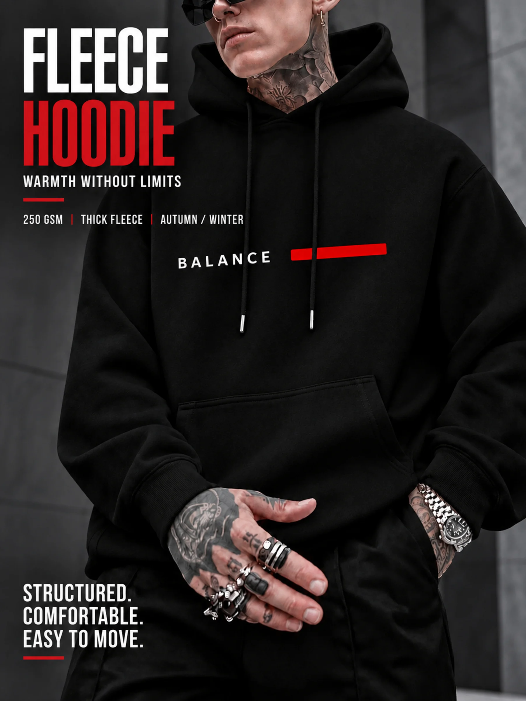 Men's Hoodie, Winter Sale, Balance Text Graphic, Pullover Sweatshirt, Streetwear Style, Casual Daily Wear, Red Bar Detail