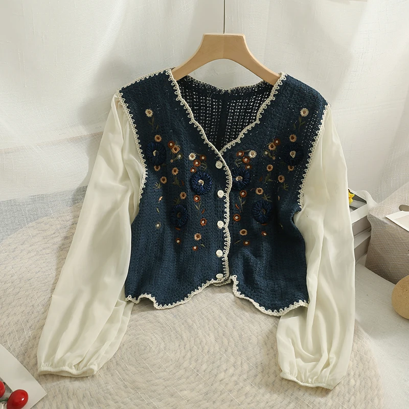 OUMEA Women Floral Embroidery Blouse Spring Autumn Chiffon Sleeve Sweet Shirts Buttons Front Vintage Patchwork Japan Style Tops