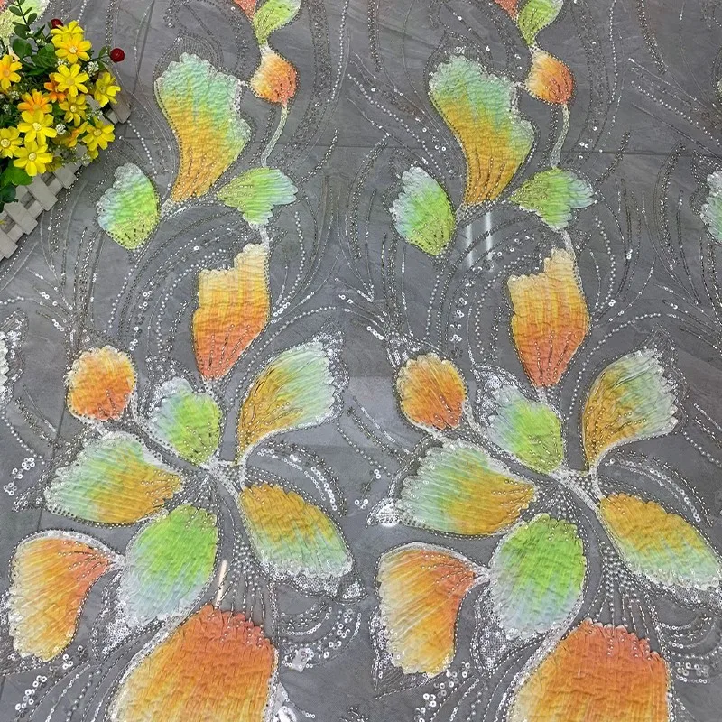 90x125cm Farbig bedruckter Paillettenstoff, Perlenbestickter Tüllstoff, DIY-Nähmaterial, Netzstoff für Bekleidung – Detail 21