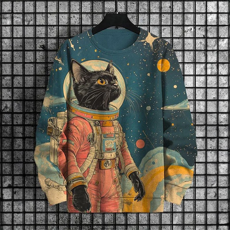 Japanese Pattern Sweatshirts For Men Space Cat 3D Printed Pullover Autumn Oversized O-Neck Hoodies Long Sleeves Clothing Tops