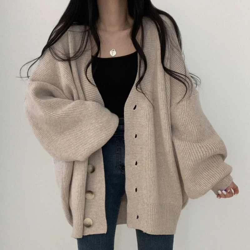 Fall-Winter 2024 New V-Neck Single Breasted Grey Balloon Sleeve Knitted Cardigan Sweater Women\'s Jacket