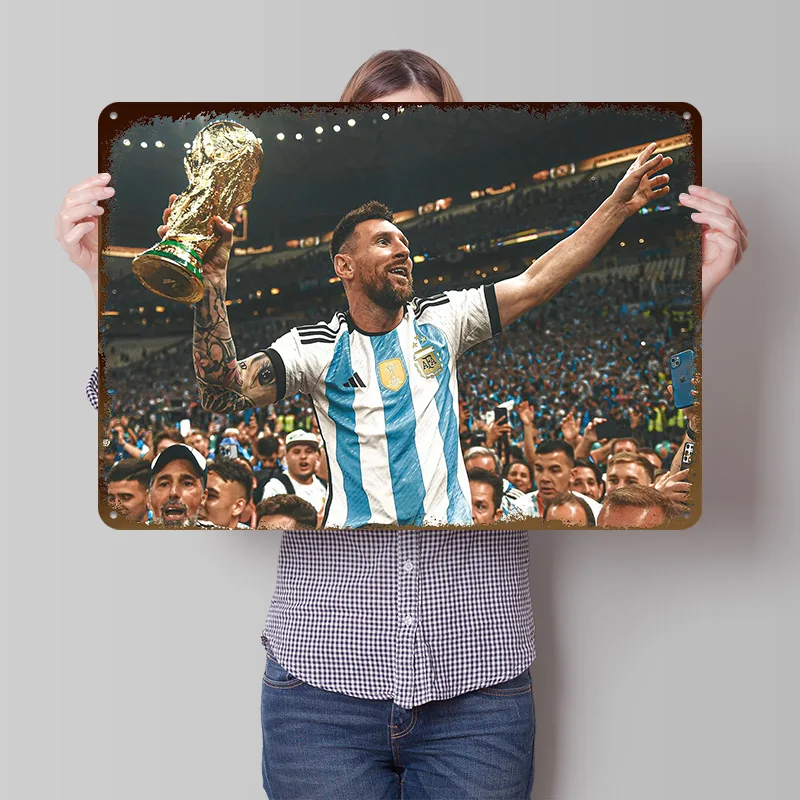 Lionel Messi Sieg Argentinien Blechposter Individualisierte Wandkunst Retro Vintage Metallschilder für Fan-Zimmer Maßgefertigte Plakette Wand-Deko