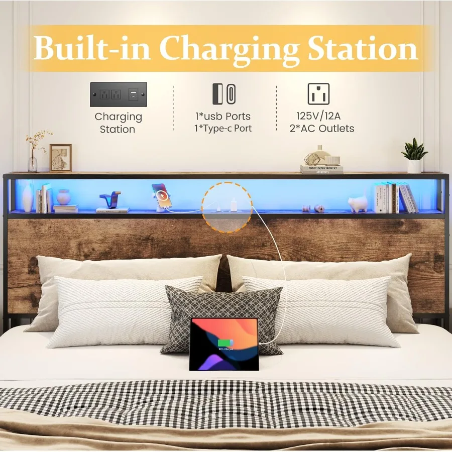 إطار سرير كينج مع إطار سرير بمنصة معدنية للتخزين بطبقتين مع 4 أدراج تخزين مدمجة في محطة شحن LED ضوضاء