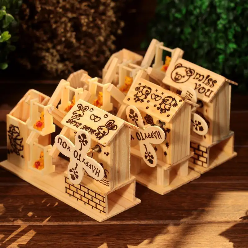 1/2 Piezas Caja de Música de Madera con Diseño de Molino de Viento, Oso y Noria, Regalo Musical de Dibujos Animados para Estudiantes, Compañero en la Adversidad