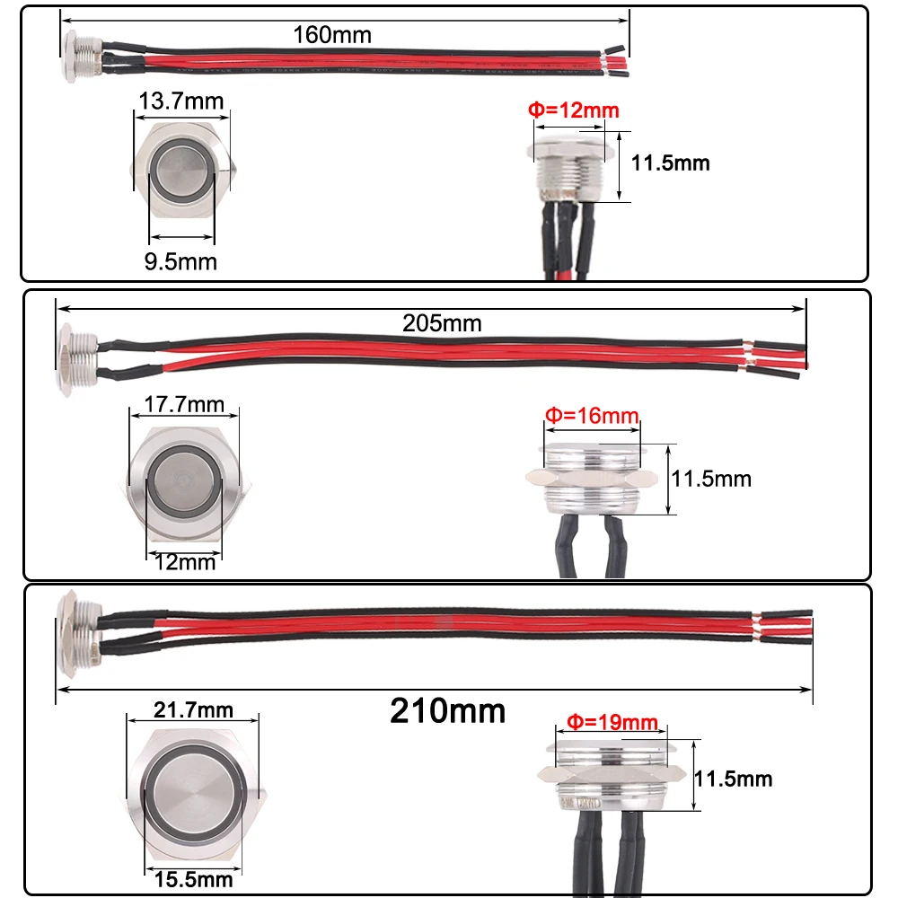 ワイヤー付きミニ電気プッシュボタン,スイッチ付き,LEDライト,防水,ショート,3-6v,24v,12v,16mm, 19mm