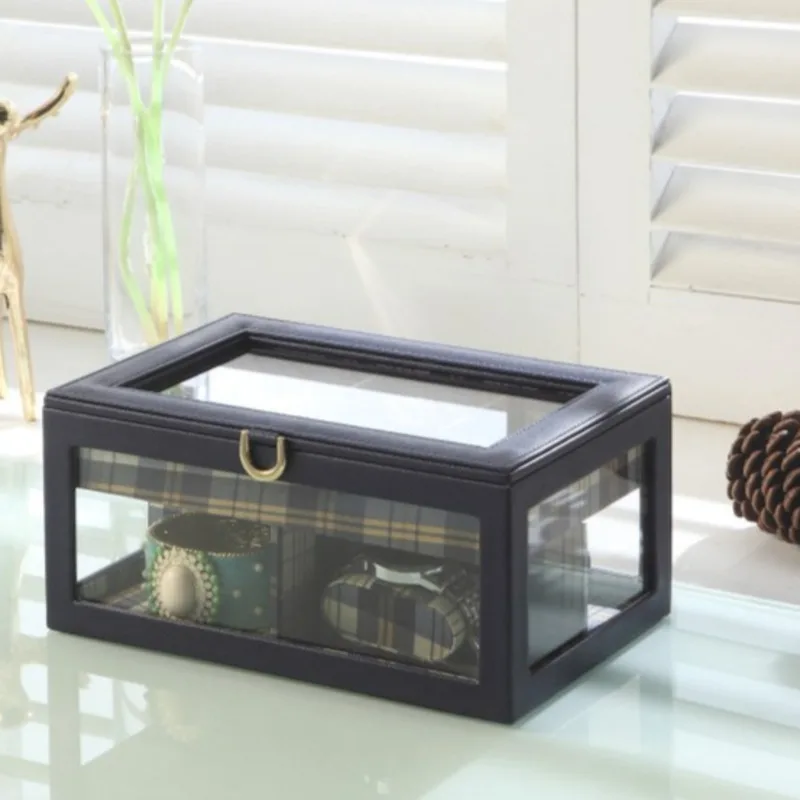 

Blue Leather Tempered Glass Jewelry Box Drawer Removable Table Mat Watch Display Storage Home Decor