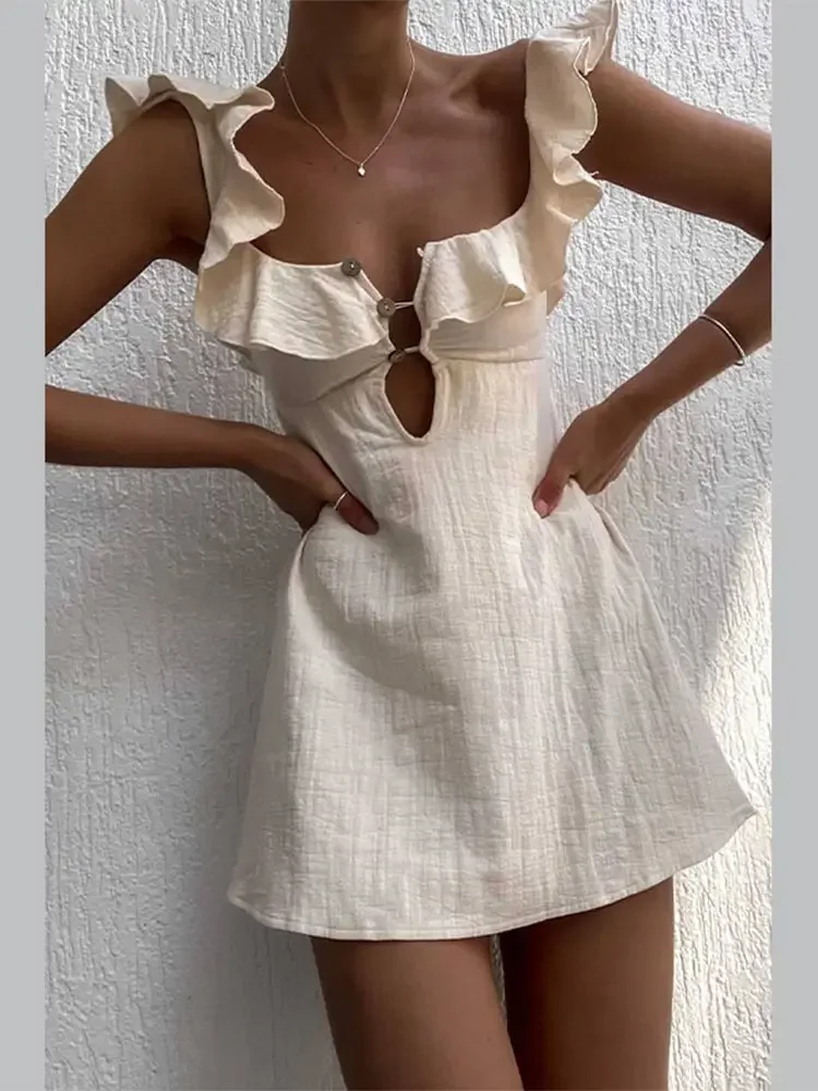 Sexy Cotton Linen Hollow Out Buttons Mini Dress Women Square Neck Backless Ruffles Short Dresses 2024 Summer High Street Vestido