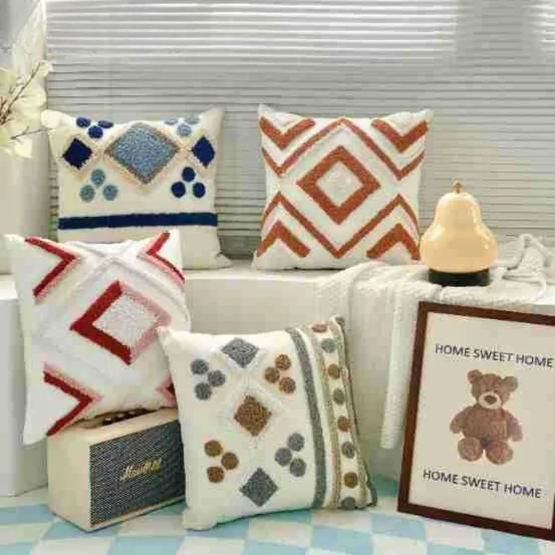Modern Bohemian Tufted Pillow Covers 45x45 Embroidered Canvas Decorative Cushion Cases for Sofa Living Room Home Decor
