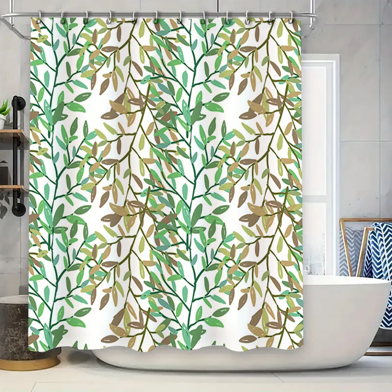 Decoración de baño moderna: cortina de ducha con estampado de hojas con ganchos de latón para área de bañera o piscina, tela resistente al agua en verde y marrón