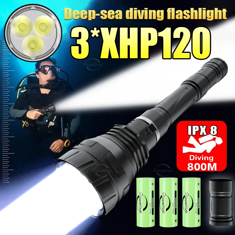 NEW 3*XHP120 Underwater Lantern IPX8 Diving flashlight 3*26650 Professional Scuba Diving Torch High Power Diving Waterproof Lamp