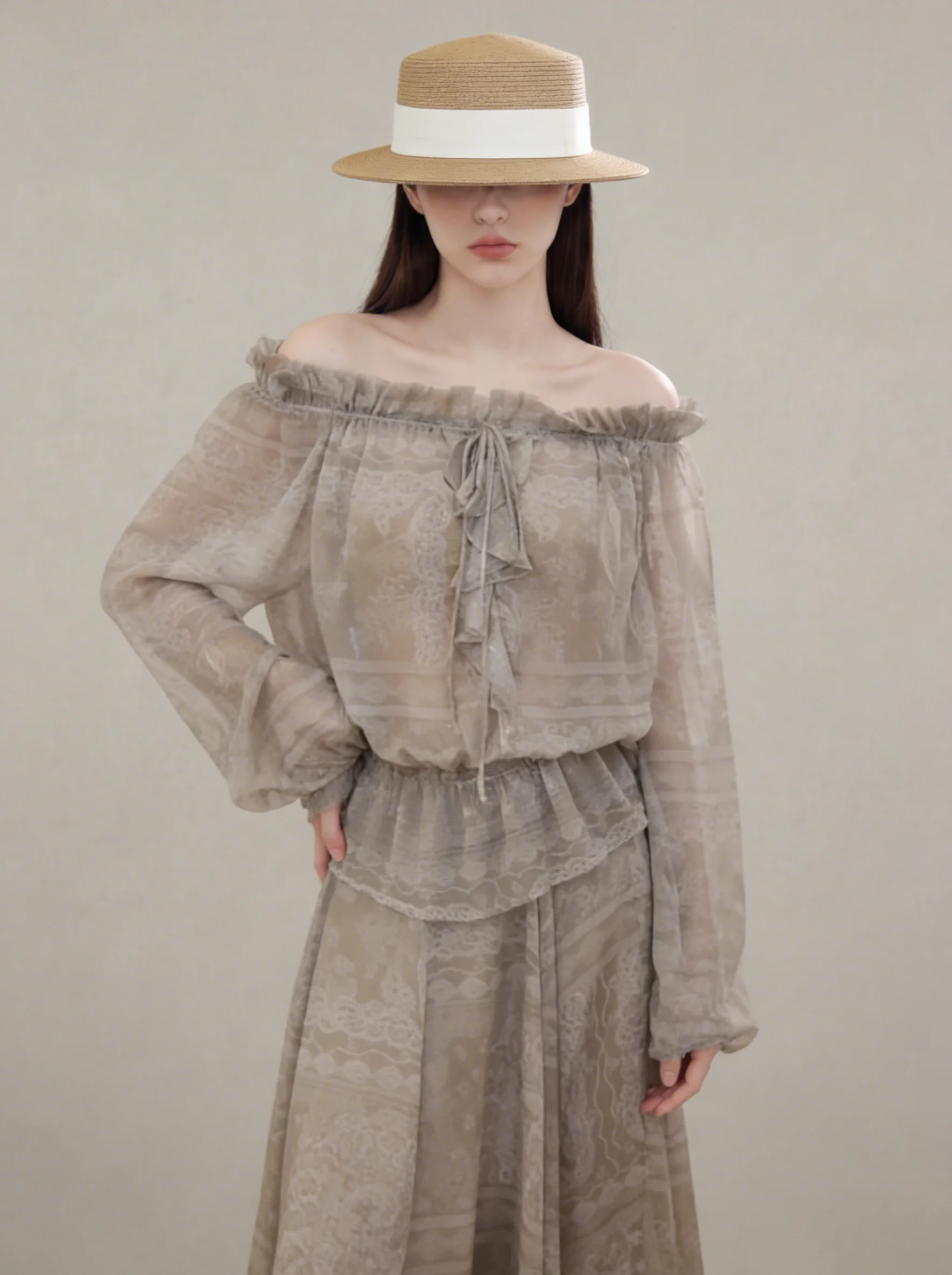 

Unique Long Sleeve One Shoulder Print Top And Half Skirt Spring Fashion Set for Women Casual Loose Fit High Waist Spring Wear