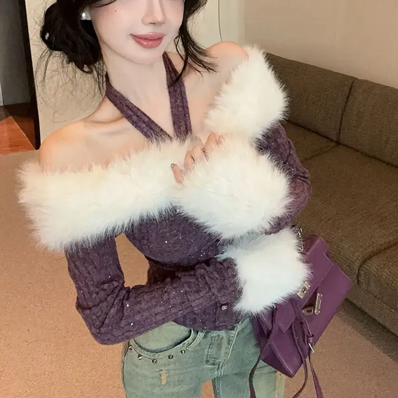 

Elegant Slash Neck Slim Sweaters Autumn Winter New Vintage Halter Female Clothing Spliced Fashion Off Shoulder Knitted Pullovers