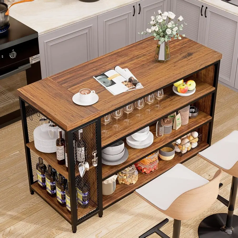 55” Kitchen Island with Seating and Storage 5-Tier Open Shelves, Coffee Bar Cabinet with Extra-Large Countertop, Spacious Leg Ro