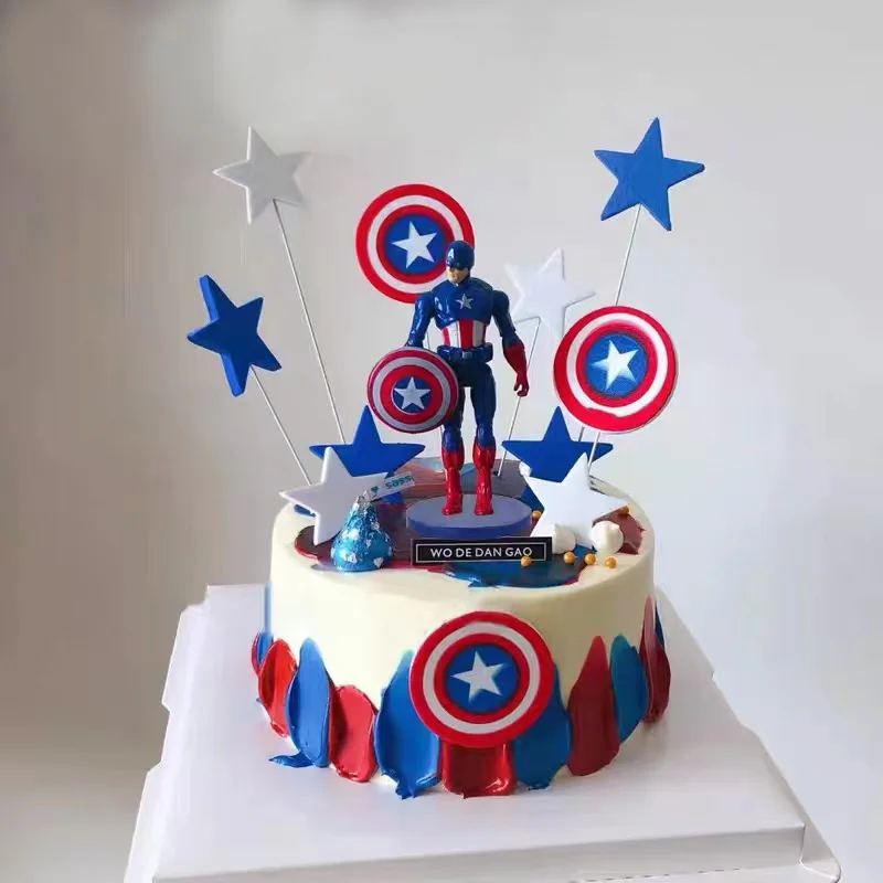 Captain America Super Hero Cake Decoration Ornaments for Children's Boy Happy Birthday Card Five-pointed Shield Plug-in