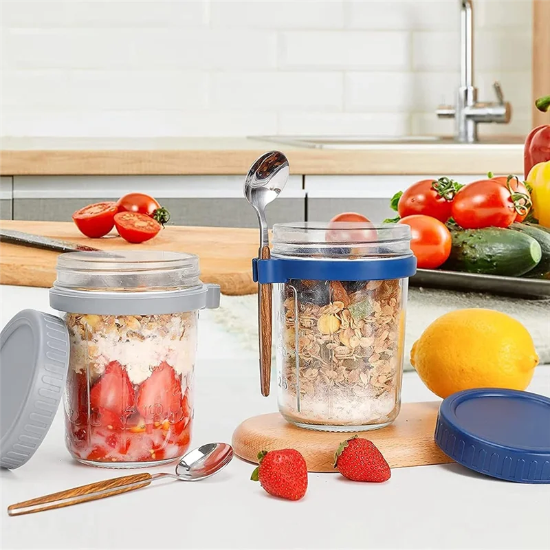 AY03-4 عبوات من عبوات الشوفان بين عشية وضحاها، برطمانات الشوفان الزجاجية مع أغطية وملاعق، 12 أونصة