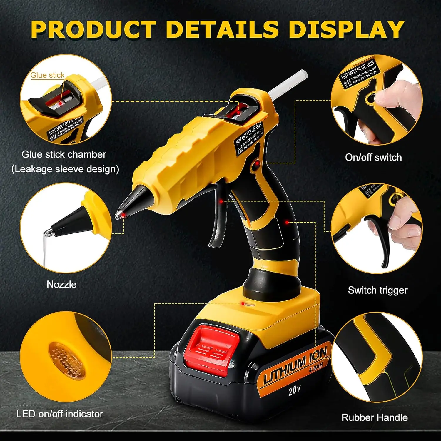 Cordless Hot Glue Gun 50W for Dewalt/Milwaukee/Makita/Bosch/Black Decker Li-ion Battery with 30 Glue Sticks Repair Tools