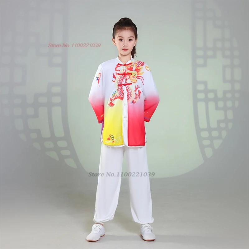 2025 chinese children wushu martial arts suit kung fu shaolin training exercise set dragon print gradient color kungfu practice