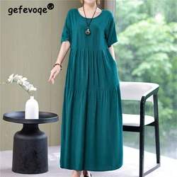 Women Clothes Summer Vintage Print Cotton Linen Beach Dress Fashion Casual Oversize Short Sleeve Elegant Party Long Dresses Robe