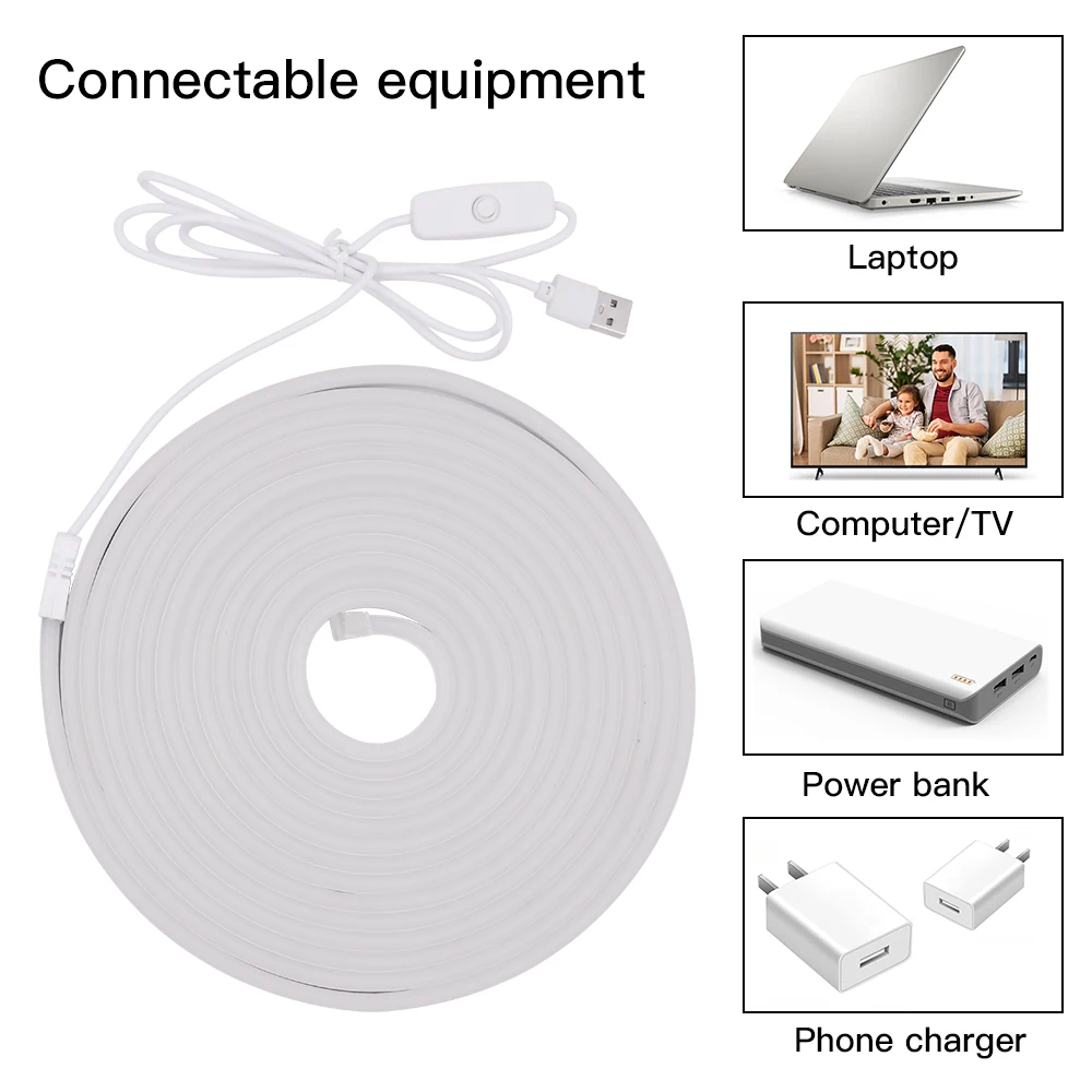 Tira de luces LED de neón con USB, cinta de luz Flexible de neón de 5V, impermeable IP67, rojo, azul, verde, blanco cálido, 120LED/m, 2835, para