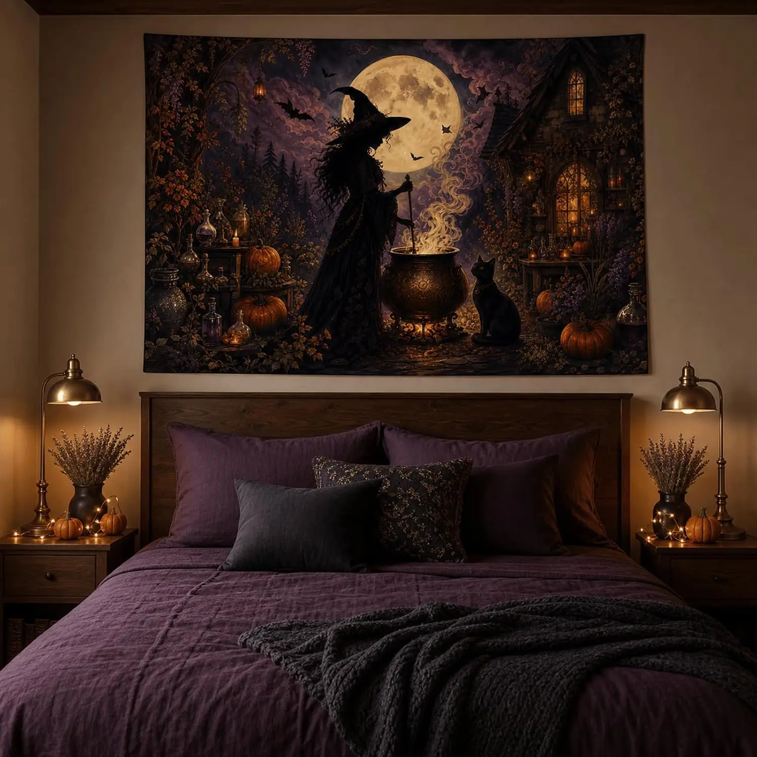 Gothic Halloween Tapestry, Witch Stirring Cauldron Full Moon Pumpkin Wall Hanging, Nice Spooky Festive Background Cloth Decor