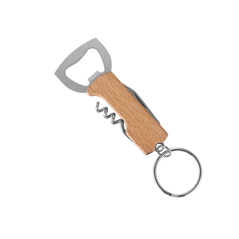 Creative Keychain Beer Bottle Opener Stainless Steel Multifunctional Wooden Handle Corkscrew Wine Opener Bar Party Accessories