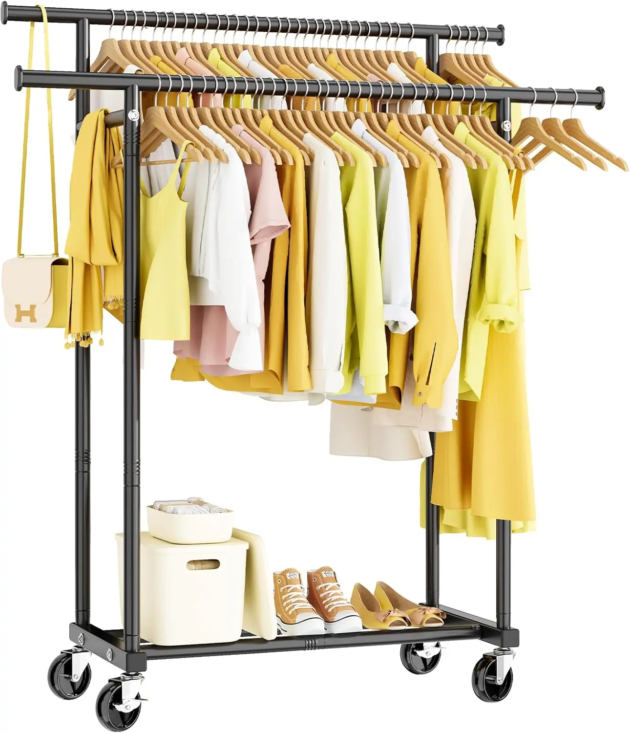 

Double Rods Clothes Rack, Rolling Clothing Rack for Hanging Clothes Portable Wardrobe Rack, Metal Garment Rack Sturdy Coat Ra