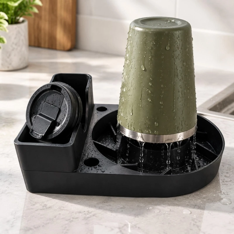 Cup Lid and Straw Stations, 2-Pack with Ribbed Platforms and Recessed Tracks for Kitchen Drinkware Drying and Storage