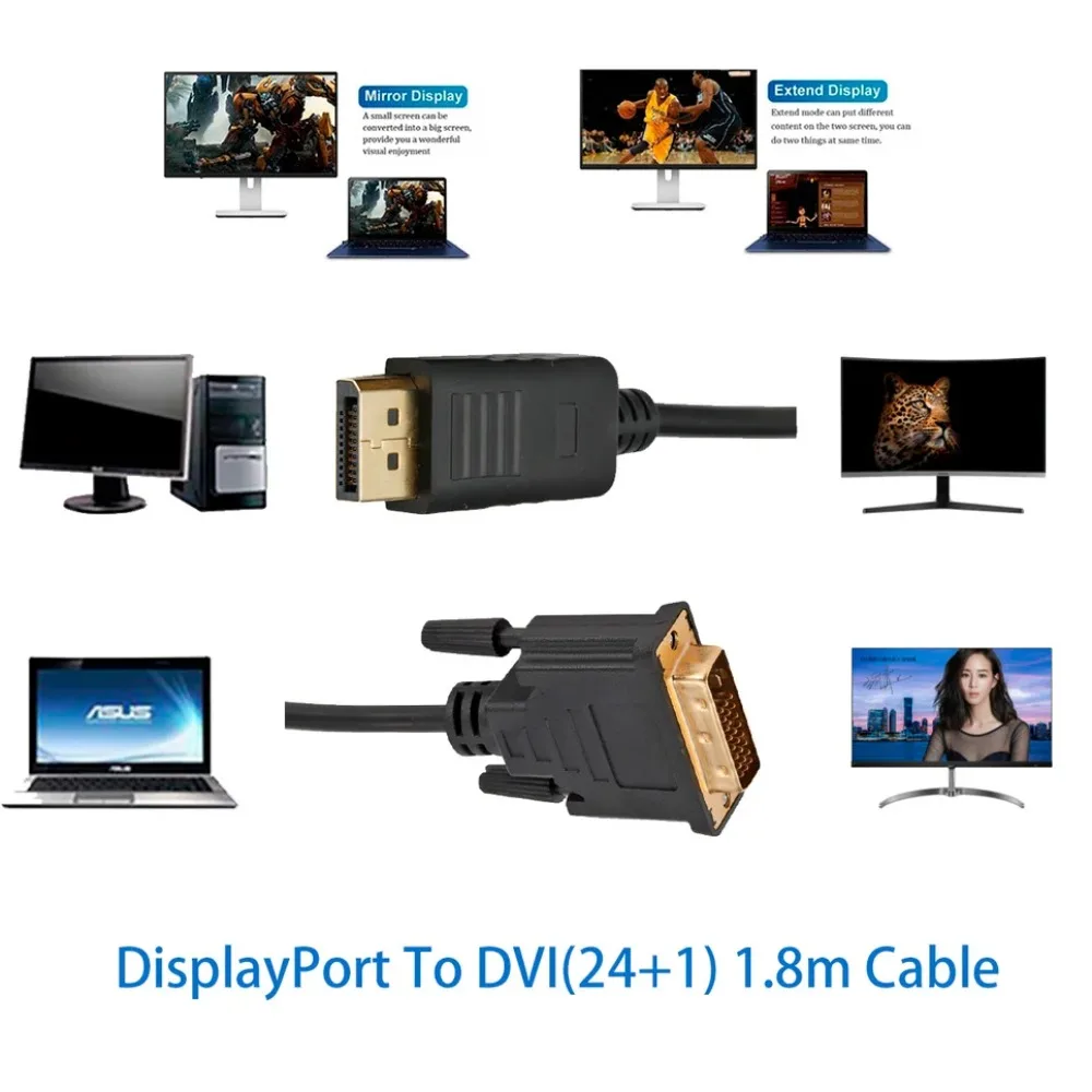 1080P DP to DVI Converter 1.8m Cable DisplayPort Male to DVI-D 24+1Pin Male Professional Display Adapter for DVI Input Monitor